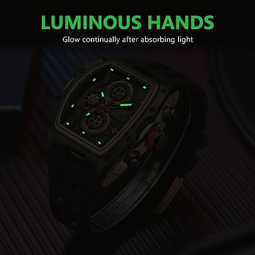 Watches for Men Luxury Skeleton Tonneau Watch for Men Waterproof Adjustable Silicone Strap Steampunk Style Chronograph Calendar Date Business Luminous Cool Large Square Face Wristwatch