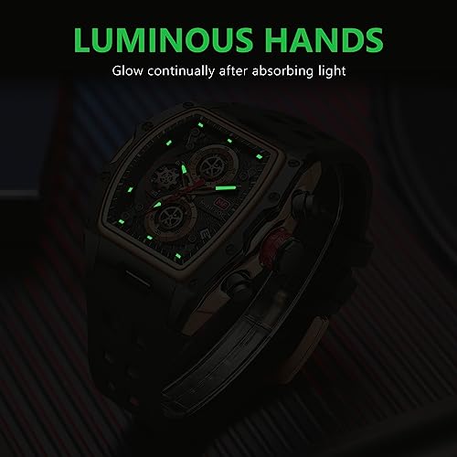 Watches for Men Luxury Skeleton Tonneau Watch for Men Waterproof Adjustable Silicone Strap Steampunk Style Chronograph Calendar Date Business Luminous Cool Large Square Face Wristwatch