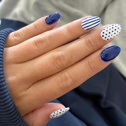 Polka Dot Press on Nails Medium Oval Fake Nails Blue