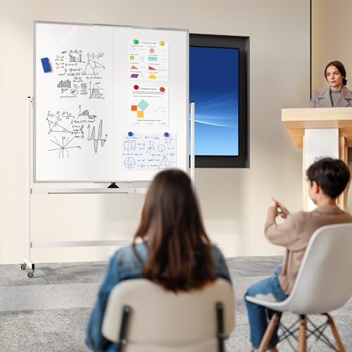 Image of Large Rolling Whiteboard on Wheels, 48 inch x 48 inch Double-Sided Mobile White Board with Stand, 4' x 4' Portable Standing Magnetic Dry Erase Board Easel for Home Office Classroom School, Silver