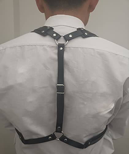 Image of Men's Black Leather Body Chain Chest Harness Belt Shoulder Straps Adjustable Buckle Straps Costume Party Carnival