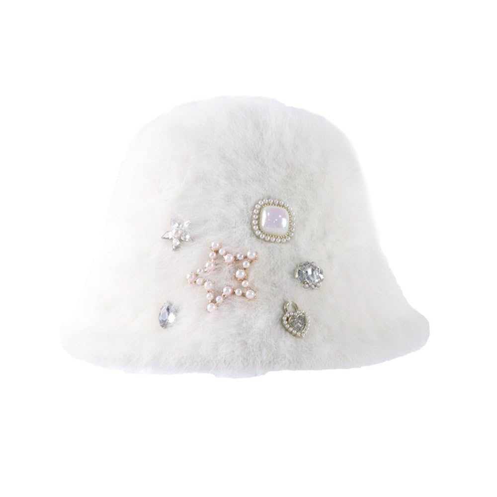 Chapeau seau en fausse fourrure coupe-vent et chaud avec strass brillants pour femme.