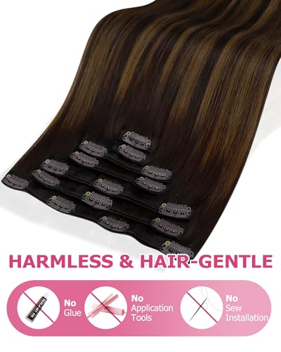 Image of YoungSee Clip in Human Hair Extensions Balayage Real Human Hair Extensions Clip ins Dark Brown Mix Medium Brown Balayage Long Straight Clip in Extensions Real Human Hair 120G 22Inch 7Pcs