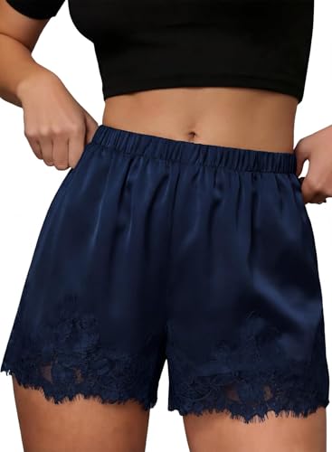 EVALESS Womens Shorts Satin Silk Lace Shorts 2026 Summer Low Rise Micro Mini Slip Pajama Shorts Cute Beach Clothes Casual Elastic Waist Bottoms with Pockets Navy Blue Medium