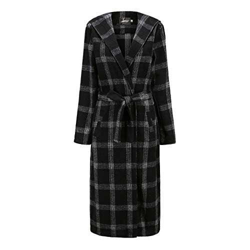 SPE969 Hooded Jacket Women\'s Plaid Trench Coat Winter Slim Long Woolen Overcoat Lapel Windbreaker,Black,L