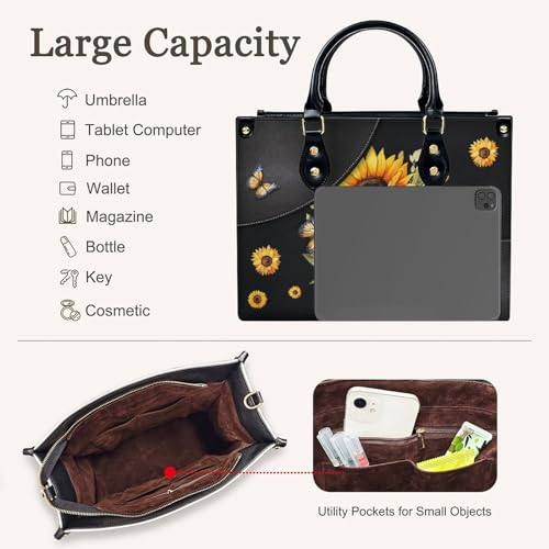 Bolso tote para mujer, bolso satchel de cuero sintético con estampado de girasol, con asa superior y bandolera ajustable, ideal para trabajo, viaje y actividades al aire libre miniatura 6