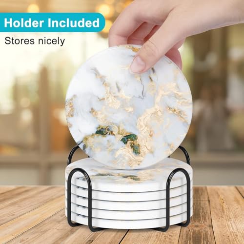 Image of Coasters for Drinks, Set of 6 Cute Absorbent Ceramic Drink Coasters for Cup with Holder and Cork Base, Kitchen Home Decor Housewarming Gift, Round 4 in, White Gray Gold