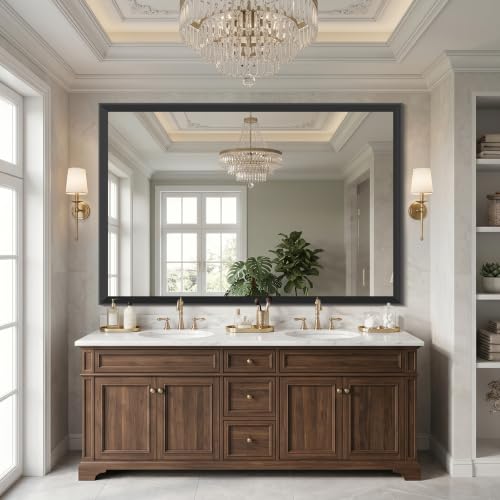 Image of DESBING Large Bathroom Mirror for Over Sink, 60 inch x 40 inch Black Rectangle Bathroom Mirrors for Double Vanity, Metal Ribbed Textured Framed Wall Mirror for Bathroom, Living Room, Bedroom,Dressing Room