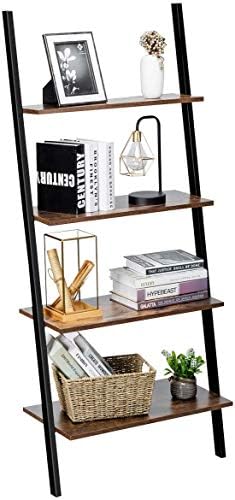 COSTWAY 4/5 Tier Wall Rack, Wooden Display Ladder Shelf, Bookcase Leaning Shelving Unit Organiser Flower Plant Stand for Living Room, Kitchen and Bathroom (64 x 35 x 150cm, Black + Rustic Brown)