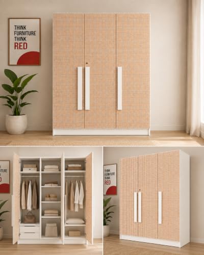 Image of Bniture 5 Door Wardrobe for Bedroom with Lockable Door & Hanging Space | Almirah for Clothes with Rattan Finish | Wardrobe for Storage | 3 Years Warranty (Frosty White)