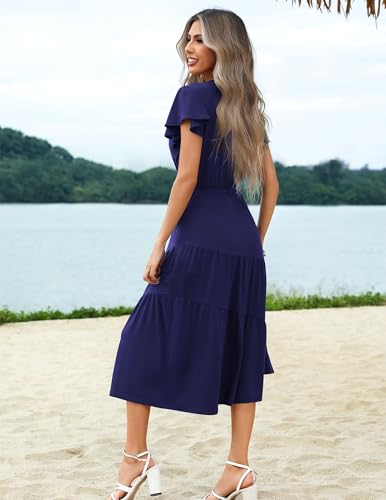 Image of Zeagoo Women's Summer Casual Dress Flutter Short Sleeve V Neck Button Down Tiered Flowy Long Dress with Pockets
