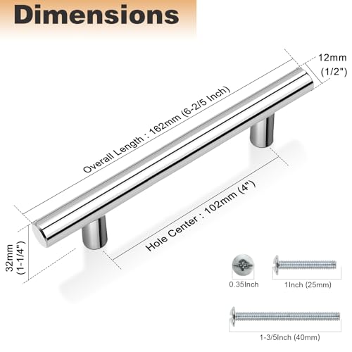 Image of Probrico 5 Pack| Chrome Cabinet Pulls 4 inch Hole Centers, Polished Chrome Cabinet Hardware Stainless Steel Kitchen Cabinet Handles Dresser Pulls T Bar Style