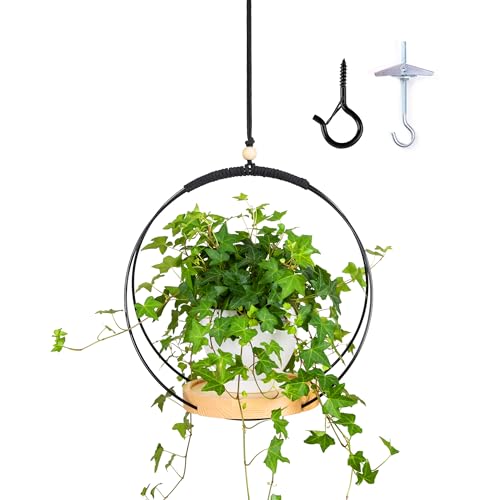 REMASS Base de madera para colgar plantas de interior, elegante solución para colgar macetas para dormitorio, sala de estar y decoración del hogar (maceta y planta no incluidas) (negro)