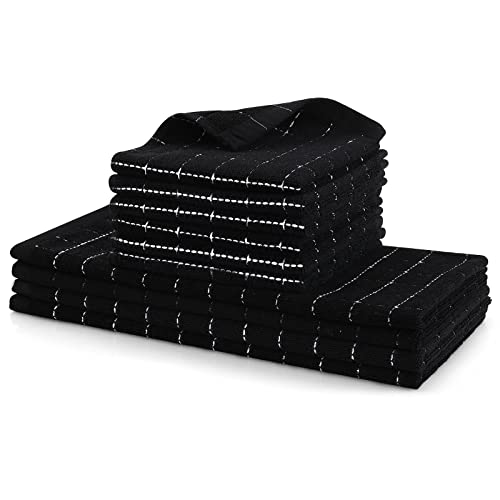 Homaxy Kitchen Towels And Dishcloths Set, 12 X 12 And 13 X 28 Inches, Set Of 10 Bulk Cotton Terry Kitchen Towels Set, Checkered Designed, Soft And Super Absorbent Dish Towels, Black #TOP3