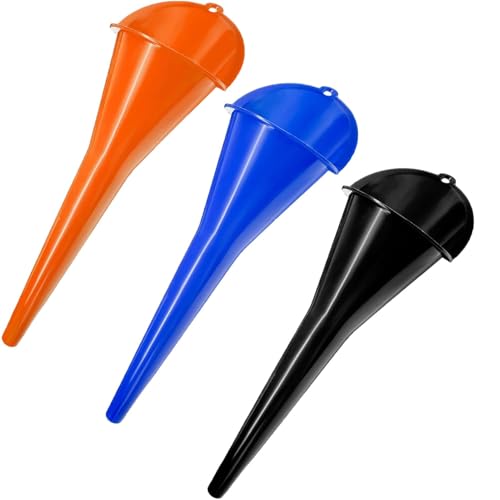 3-Pack Long-Neck Oil Funnels 11 Multi-Purpose Funnels for Automotive & Motorcycle Use Reusable Funnel for Oil Gas & Transmission Fluid (Orange&Blue&Black)