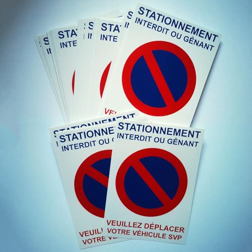 Autocollant interdit de stationner ou stationnement gênant. Vendus par 50. Stickers à coller sur les voitures mal garées. Difficiles à décoller.