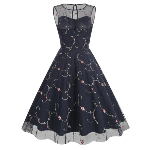 Image of 1950s Dresses for Women Vintage Floral Embroidery Mesh Dress Sleeveless Round Neck Swing Dress