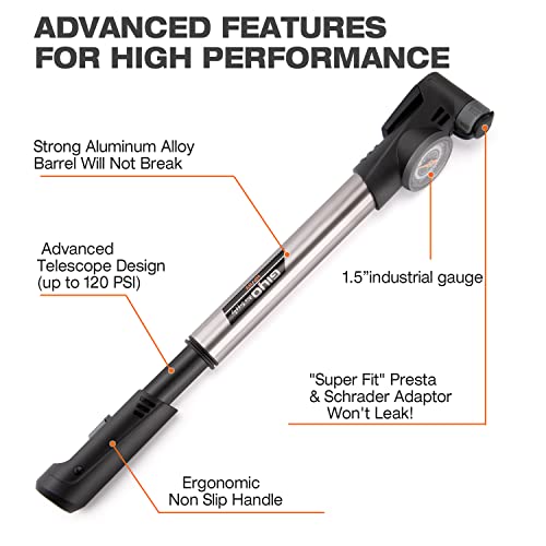Mini Bike Pump with Pressure Gauge - Presta & Schrader Bike Tire Pump - 120 PSI Portable Bicycle Air Pump for Road & Mountain Bike (Style:A) - Thumbnail 5