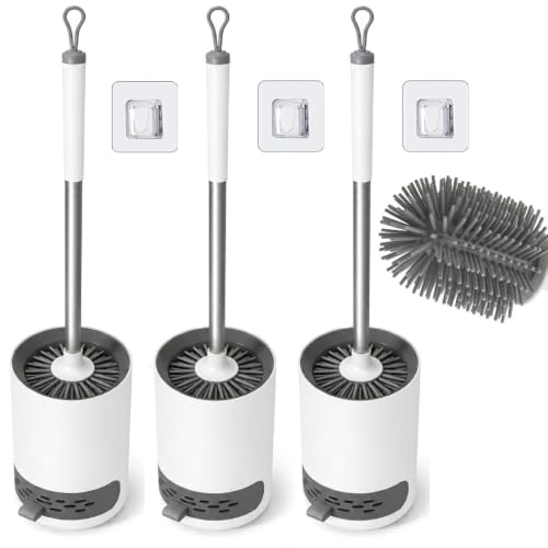 Image of Pack of 3 Silicone Toilet Brush with Holder Stand, Quick Drying Toilet Bowl Cleaner Brush and Stand, Pot Commode Bathroom Tile Cleaning Scrubber Brushes