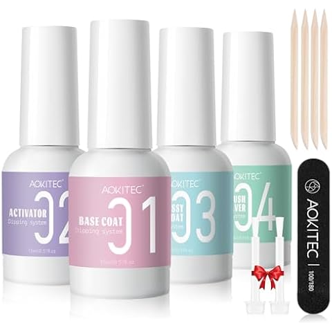 Aokitec 4+8PCS Dip Powder Liquid Set - 4 * 15ml Dip Base/Activator/Top Coat/Brush Saver for Dipping Powder System Dip Nails with Basic Nail Tools Dip Powder Nail Kit for DIY Manicure Salon-Quality Cover