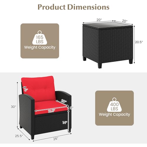 Image of Tangkula 3 Pieces Patio Furniture Set, Rattan Conversation Set w /Soft Seat & Back Cushions, Tempered Glass Topped Coffee Table, Cushioned Wicker Seating for Backyard, Porch, Poolside (Red)