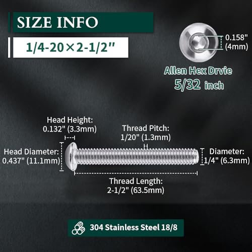 Image of 1 /4-20 x 2-1 /2 inch Button Head Socket Cap Bolts Screws, 304 Stainless Steel 18-8, Allen Hex Drive, Bright Finish, Fully Machine Thread, Pack of 10
