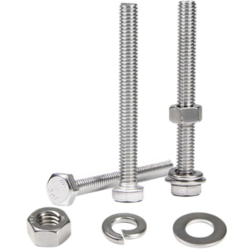 MroMax 5 Sets 5/16-18 x 5" Hex Head Screw Bolt, Nuts, Flat Washer & Spring Lock Washers Kits,Fully Threaded, Stainless Steel 18-8（304）, Bright Finish