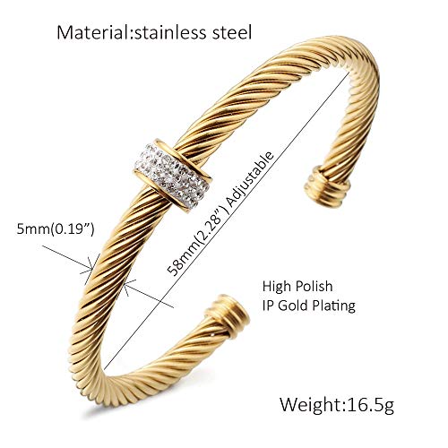 Cable Cuff Bracelets, Stainless Steel Twisted Wire Composite Bracelet Bangles, Adjustable Elegant Antique Jewelry with Rhinestone for Women, Ladies Gift Idea2