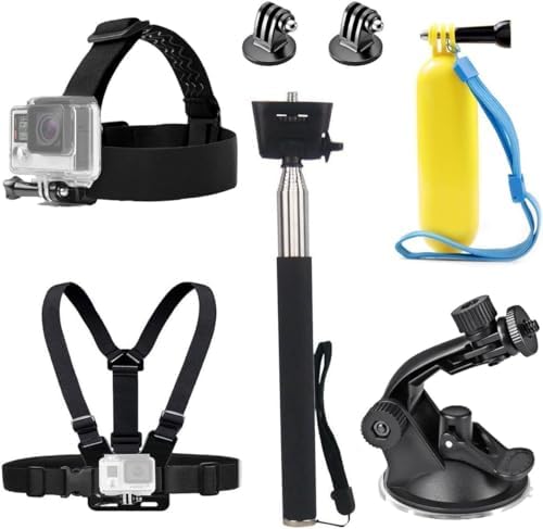 TEKCAM Action Camera Accessories Kit Compatible with Gopro Hero 13 12 11 10 9 8/AKASO EK7000/APEXCAM/Dragon Touch, Head Mount Chest Mount Strap Floating Hand Grip Selfie Stick Suction Cup Mount