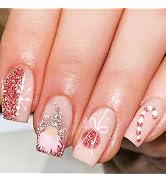Christmas Candy Cane Press on Nails Santa Claus Fake Nails 24Pcs Glossy Silver Glitter Christmas ...
