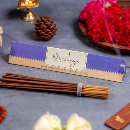 Image of Nirmalaya Premium Sandalwood, Rose, Patchouli, Jasmine Pack of 4 Incense Sticks Combo + Free Wooden Stand | 100% Natural & Charcoal-Free | Agarbatti for Pooja, Meditation, Yoga and Aromatherapy