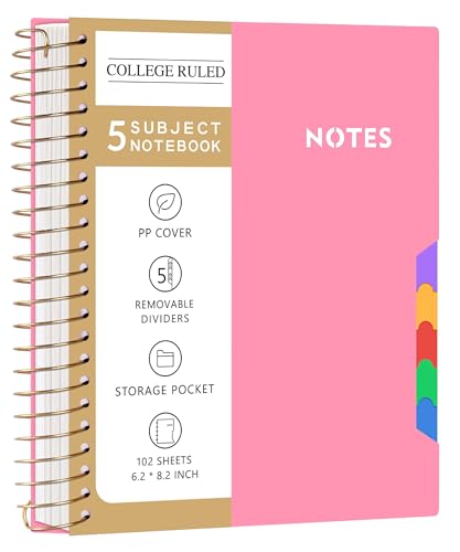 CAGIE Spiral Journal Notebooks for Work School with Removable Dividers Tabs, A5 Small 5 Subject College Ruled Notebook, Pink Journaling Notebooks for Women Men with Plastic Cover, Pink