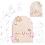 Wooden Baby Monthly Milestone Cards, Floral Design Photo Props with Interchangeable Numbers 0-9, Newborn Growth Tracker Sign with 3D Flowers for Photography, Baby Announcement