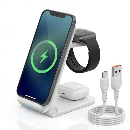 Cargador Inalámbrico 3 en 1 Estación de Carga Rápida Magnética Plegable Compatible con iPhone 16 15 14 13 12 Pro MAX Plus Soporte Apple Watch AirPods Samsung Galaxy Carga Rápida