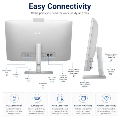 Image of Dell 27 inch Touchscreen All-in-One Desktop Computer, Intel Core Ultra 7 355U, FHD (1920 x 1080) IPS Touchscreen, 64 GB DDR5 RAM, 2 TB SSD, Windows 11 Pro, Copilot+ AI, White, for Business & Student