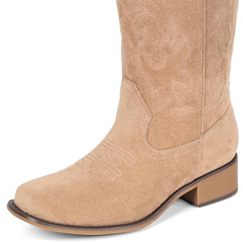 Image of IUV Cowboy Boots For Women Square Toe Wide Mid Calf Western Pull On Suede Fashion Black Brown Cowgirl Boots