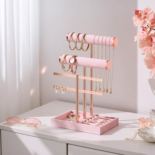 Image of Jewelry Organizer Stand for Necklaces, Bracelets, Earrings, Rings, Pink | 3 Tier Velvet Bracelet Holder Display | Jewelry Organizers and Storage | Jewelry Tree | Jewelry Towers