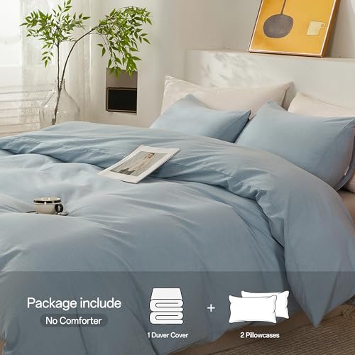 Image of ECOCOTT Light Blue Duvet Cover Full Size - 100% Washed Cotton Durable Soft Comfy Duvet Cover Set, 3 Pieces Duvet Cover with Zipper Closure (80''x90'')