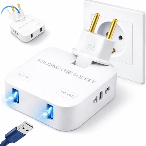 Ladron Enchufe Plano USB 4000W Doble Puerto y 2 Enchufes Adaptador Regleta Plana Multiple Giratoria