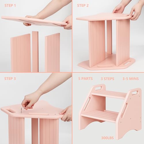 AMBIRD Wooden Step Stool, Two Step Stools Toddler 300 lbs Capacity with Safety Non-Slip Pads and Handles, Bamboo Step Stool for Bathroom, Kitchen Step Stools Dual Height Step Stools for Kids (Pink) by AMBIRD - Used condition - Image 7