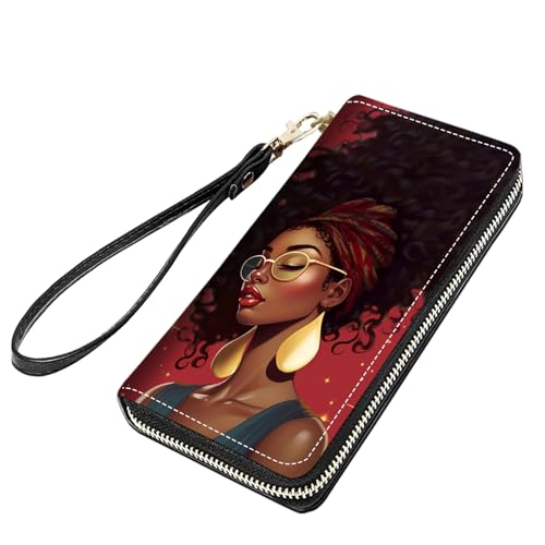 African American Women Print Women Large Capacity PU Leather Zip Around Wallet, Multifunctional Clutch Purse for Cash/Card/Coin/Smart Phone