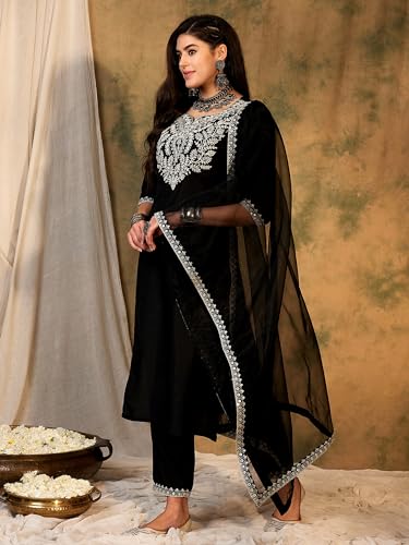 Image of INDO ERA Silk Women's Embroidered Straight Kurta Pant With Dupatta