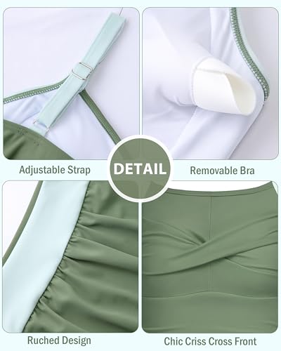 Image of DAXIANG Girls One Piece Swimsuit Modest Ruched Color Block Bathing Suit Tween Adjustable Straps Padded Swimwear Size 7-16
