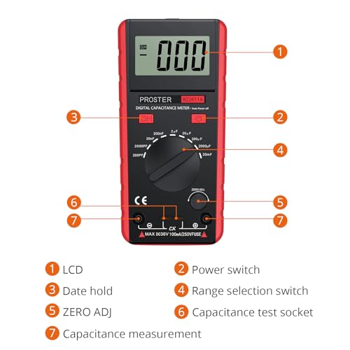 Proster Digitales Kapazitätsmessgerät 200pF-20mF Messgerät Kondensator Handmultimeter Tester für Anfänger mit drehbarer LCD-Anzeige
