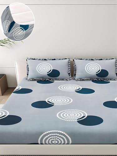 Image of King Size Fitted Bedsheet for Double Bed | 300 TC Cotton Feel Microfiber | All Around Elastic with 2 Frill Pillow Covers | Soft & Durable | (GrayGolaFrill, Fitted - 72 x 78 Inch King)