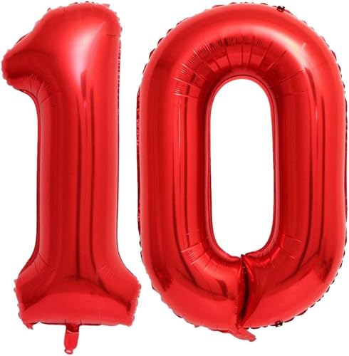 Image of Red 10 Number Balloons,40 Inch 10 Balloons Foil Mylar Helium Big Red 10 Balloon Number for Birthday Party Anniversary Decorations