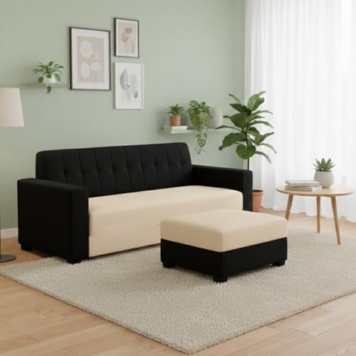 Image of FURNY Luxora 2 Seater Fabric Sofa Set with 1 Ottoman (Black-Cream) with Velvet Finish | Durable Comfort | Ideal for Living Room. | Breathable material