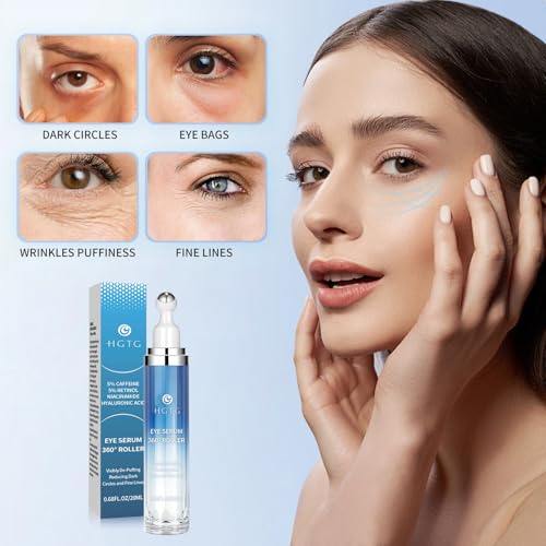 HGTG Eye Serum with 5% Caffeine & 5% Retinol for Dark Circles, Puffiness Puffy Bags & Wrinkles Fine Lines - Under Eye Cream Anti Aging Treatment with 360° Massage Roller Ball for Men & Women