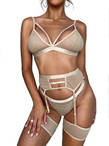 Damen 4-teiliges exotisches Dessous-Set mit Riemchen, Strumpfband, Dessous, Netz-BH und Panty-Sets Cover