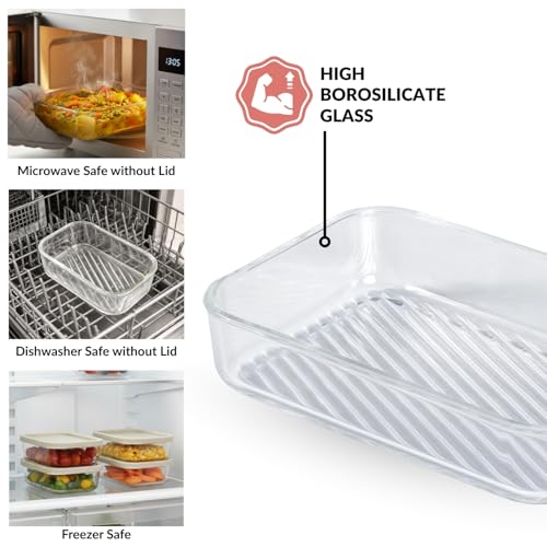 Image of Nestasia Groovo Glass Containers for Fridge Storage Set of 4 (520ml Each) - Transparent Stackable Glass Container with Lid, Microwave & Dishwasher Safe Containers with Ribbed Texture (Beige)